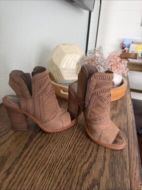 Vince Camuto Brown Suede Peep-Toe Stacked Heel Booties